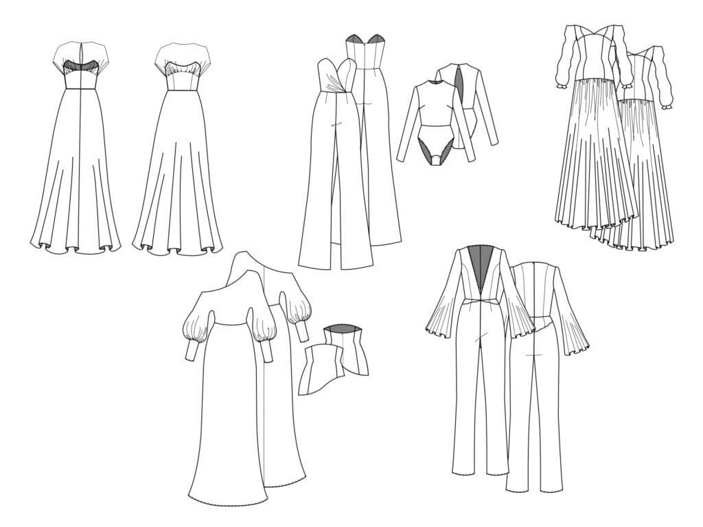 Fashion design flats, or technical designs for a bridal collection by Veronica Melendez